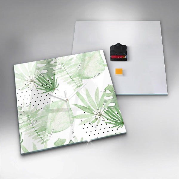 Ceas pătrat de perete din sticlă Frunze verzi