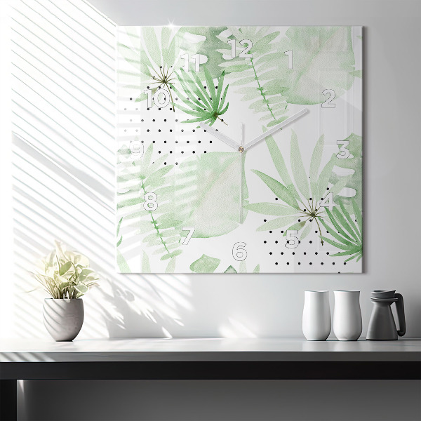 Ceas pătrat de perete din sticlă Frunze verzi