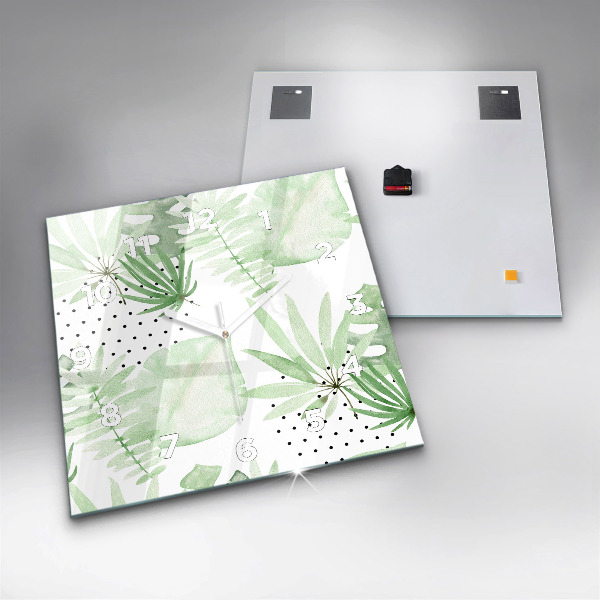 Ceas pătrat de perete din sticlă Frunze verzi