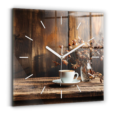 Ceas pătrat de perete din sticlă O cană de cafea
