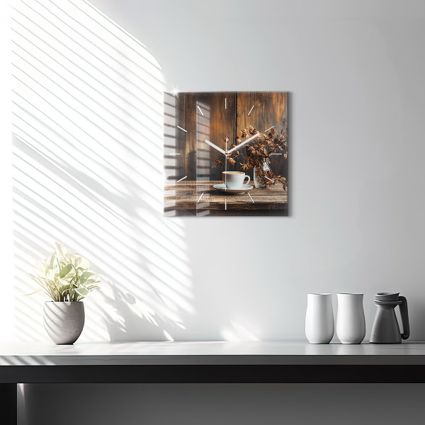 Ceas pătrat de perete din sticlă O cană de cafea