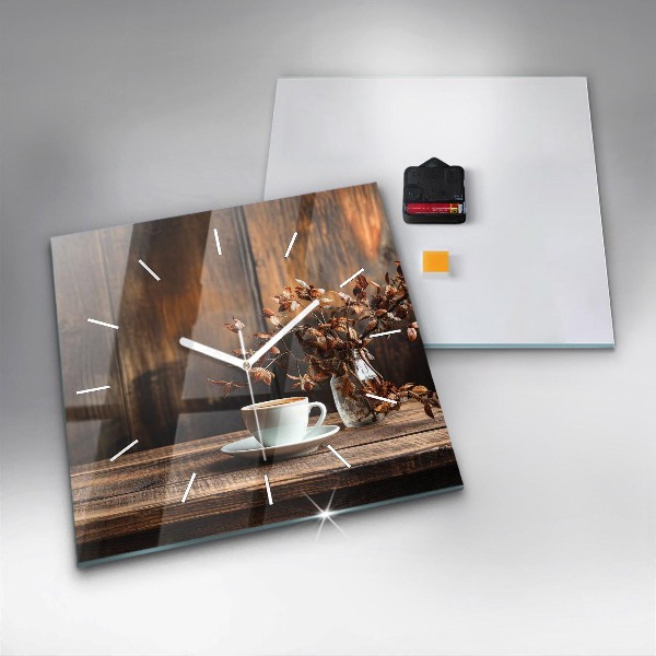 Ceas pătrat de perete din sticlă O cană de cafea