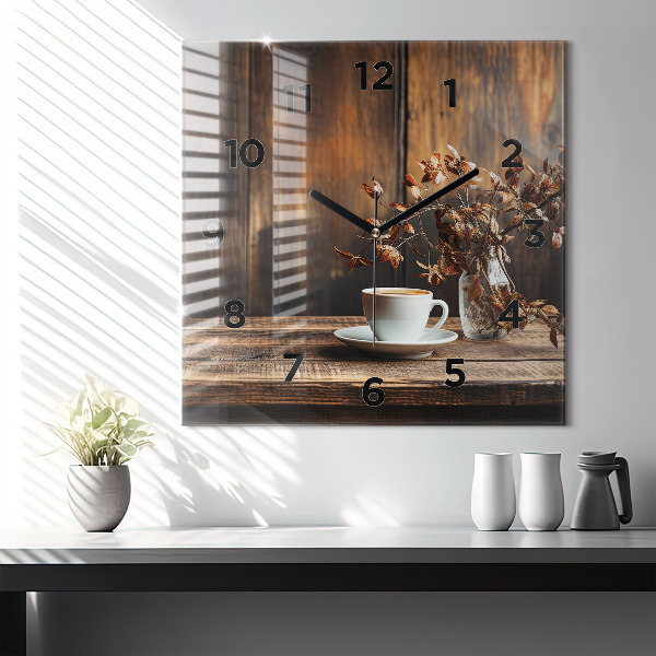 Ceas pătrat de perete din sticlă O cană de cafea