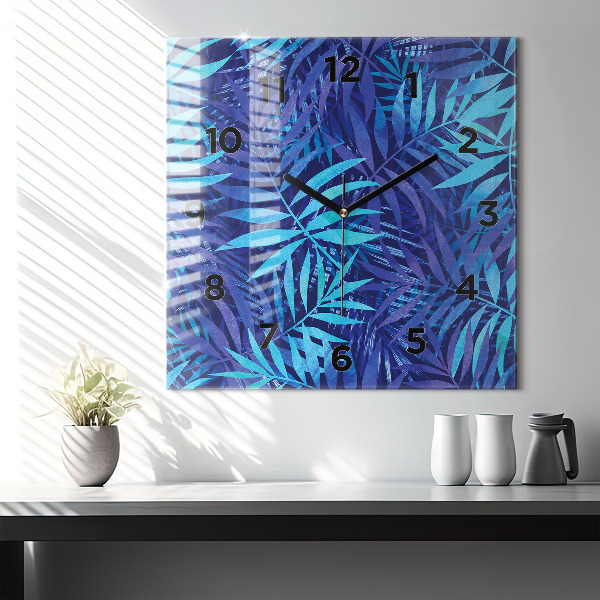 Ceas pătrat de perete din sticlă Frunze albastre