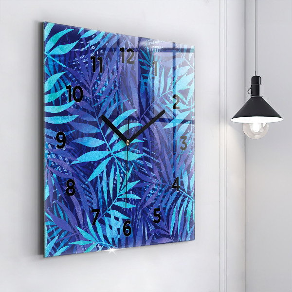 Ceas pătrat de perete din sticlă Frunze albastre