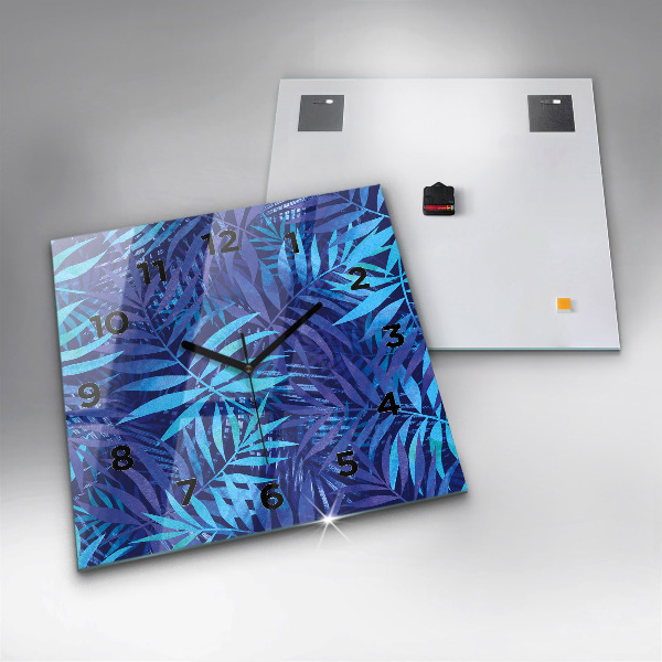 Ceas pătrat de perete din sticlă Frunze albastre