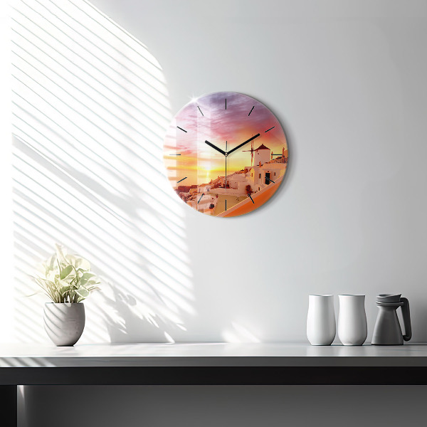 Ceas rotund de perete din sticlă Veche moară de vânt din Santorini