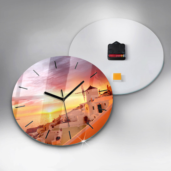 Ceas rotund de perete din sticlă Veche moară de vânt din Santorini