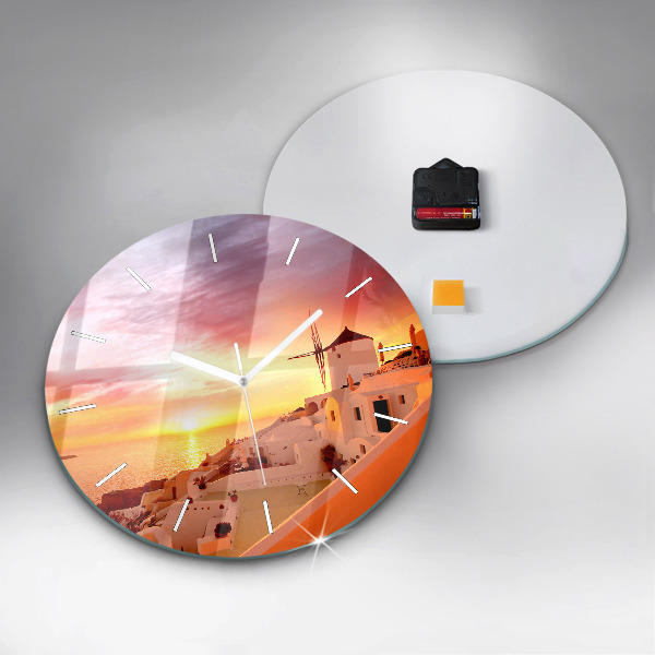 Ceas rotund de perete din sticlă Veche moară de vânt din Santorini