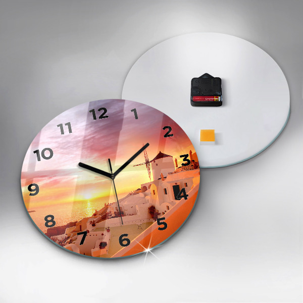 Ceas rotund de perete din sticlă Veche moară de vânt din Santorini