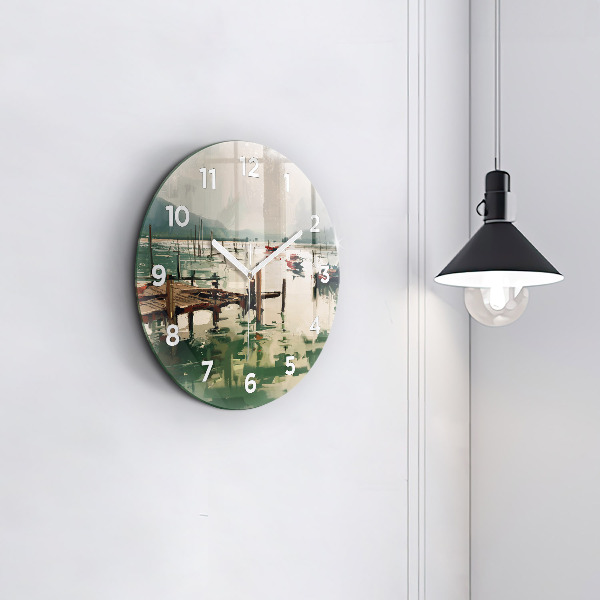 Ceas rotund de perete din sticlă Barci de pescuit in port