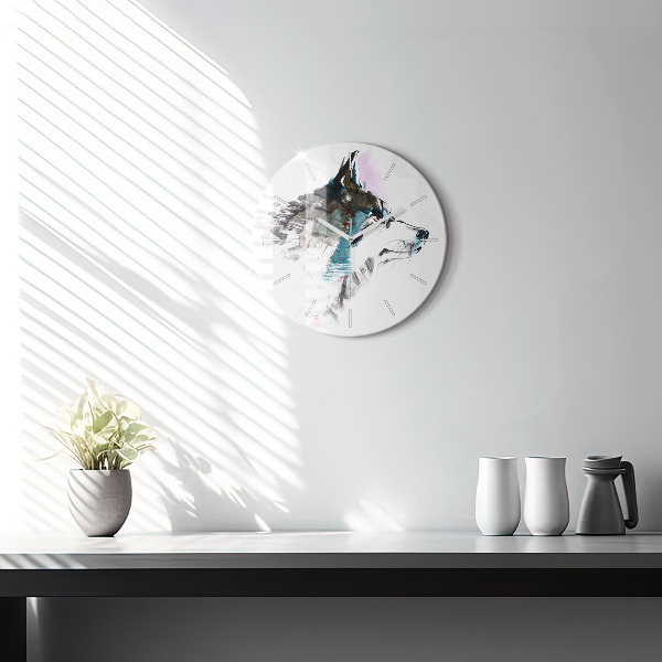 Ceas rotund de perete din sticlă Profilul unui lup pictat