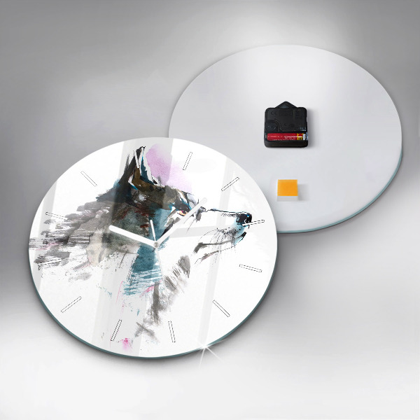 Ceas rotund de perete din sticlă Profilul unui lup pictat