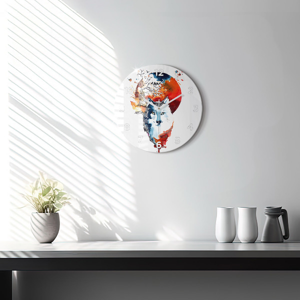 Ceas rotund de perete din sticlă Lupul și Luna Plină