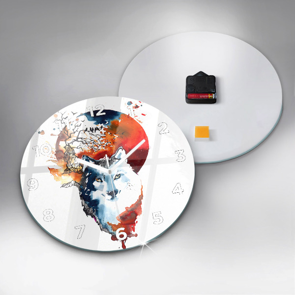 Ceas rotund de perete din sticlă Lupul și Luna Plină