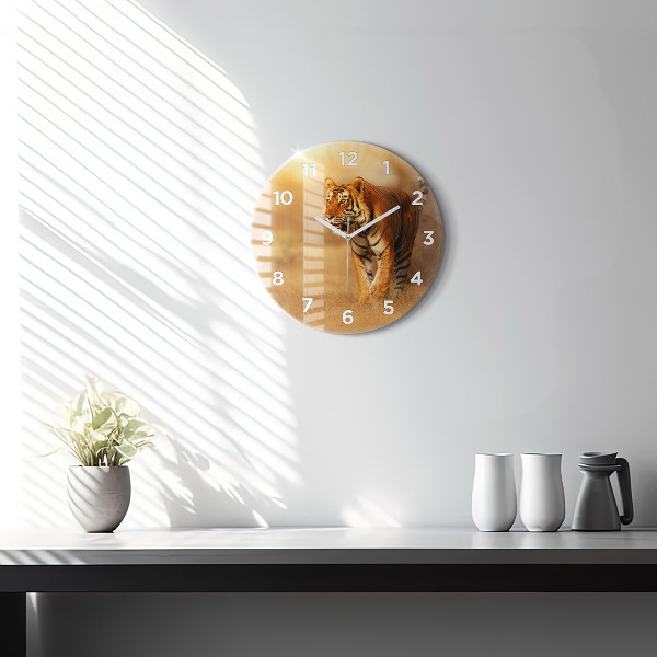 Ceas rotund de perete din sticlă Vânătoarea de tigru
