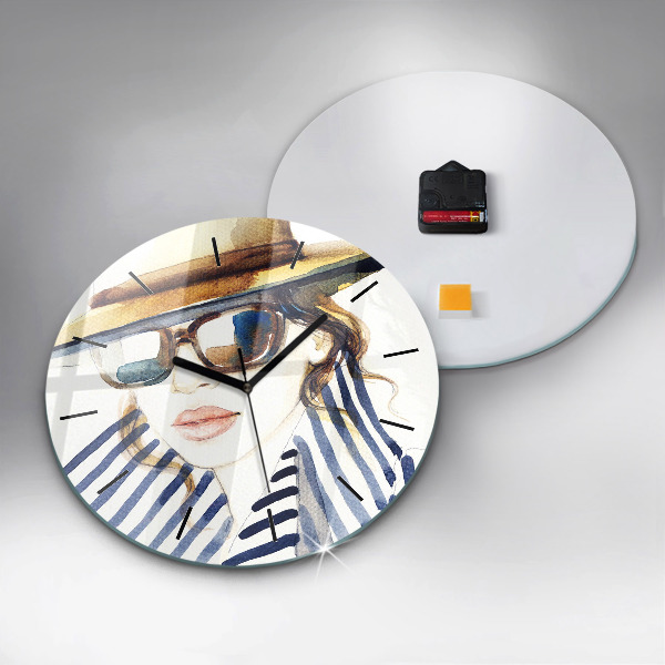 Ceas rotund de perete din sticlă Față cu ochelari și pălărie