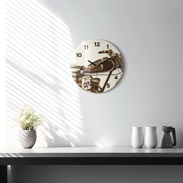 Ceas rotund de perete din sticlă Motocicletă vintage sepia