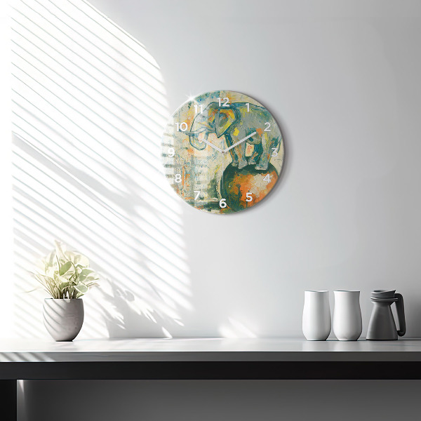 Ceas rotund de perete din sticlă Poziția elefantului pictat