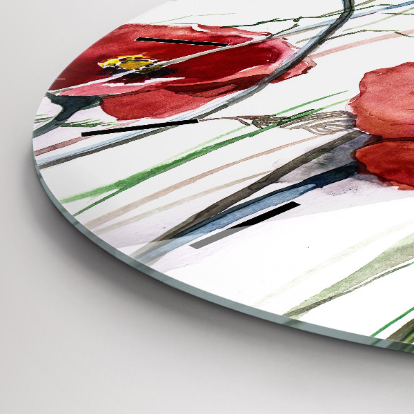 Ceas rotund de perete din sticlă Maci vopsiți în roșu