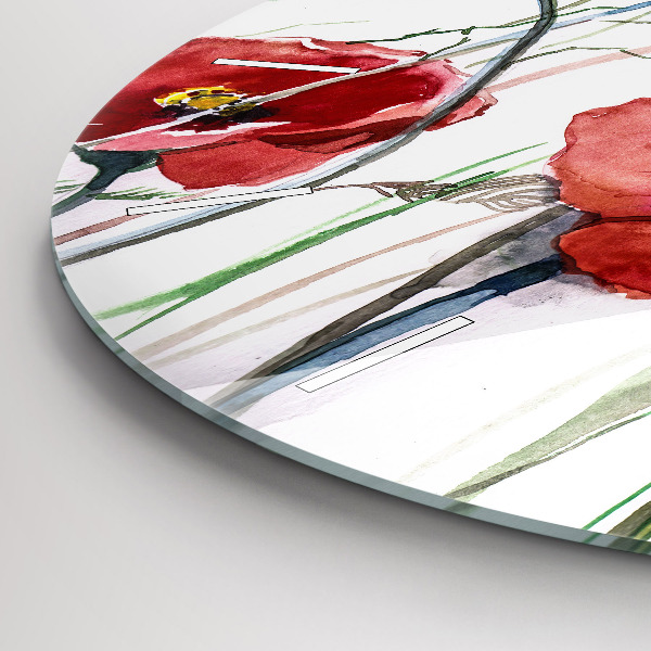 Ceas rotund de perete din sticlă Maci vopsiți în roșu