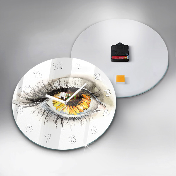 Ceas rotund de perete din sticlă Floarea soarelui în ochi