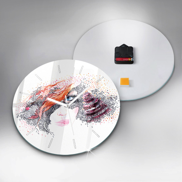 Ceas rotund de perete din sticlă Femeie dulce cu tort