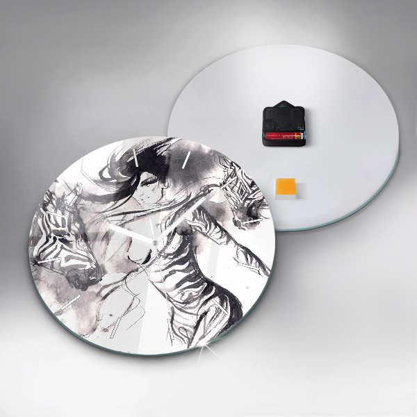 Ceas rotund de perete din sticlă Femeie și zebre