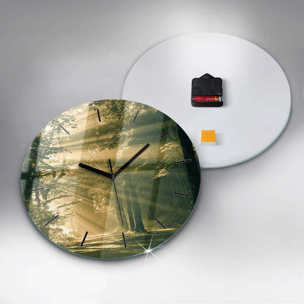 Ceas rotund de perete din sticlă Raze de soare din pădure