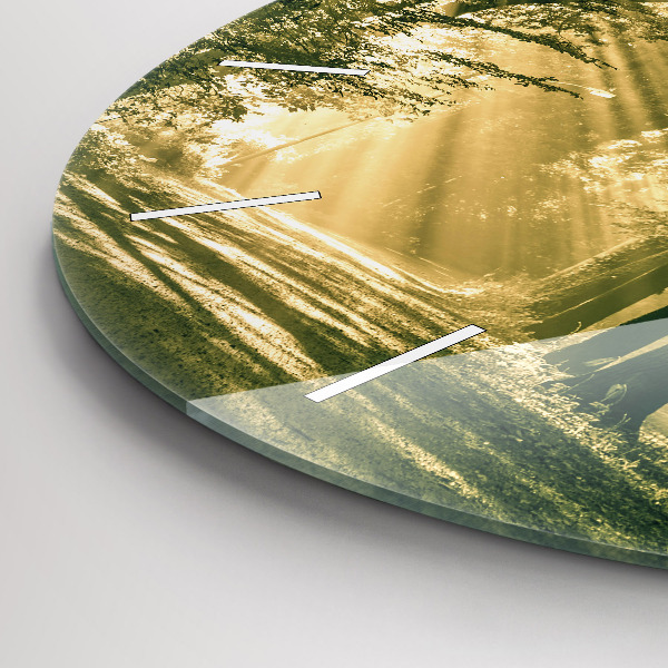 Ceas rotund de perete din sticlă Raze de soare din pădure