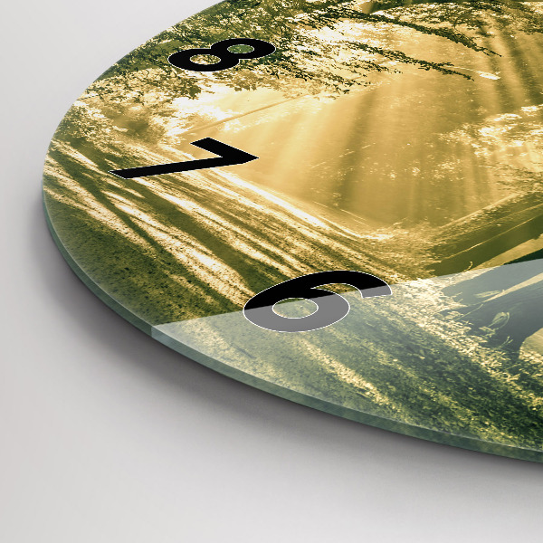 Ceas rotund de perete din sticlă Raze de soare din pădure