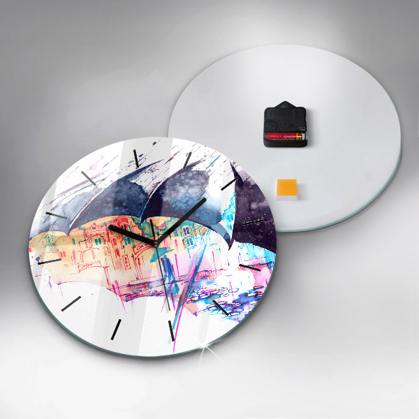 Ceas rotund de perete din sticlă Umbrelă de ploaie și oraș