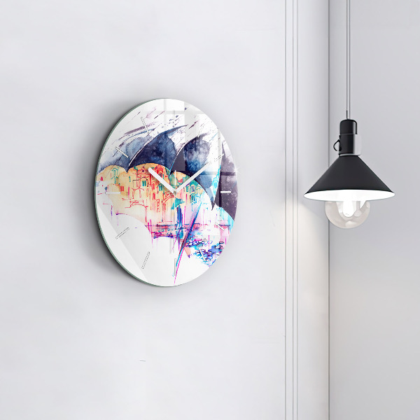 Ceas rotund de perete din sticlă Umbrelă de ploaie și oraș