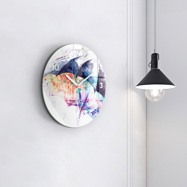 Ceas rotund de perete din sticlă Umbrelă de ploaie și oraș