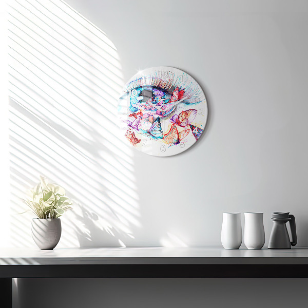Ceas rotund de perete din sticlă Ochi de fluture colorat