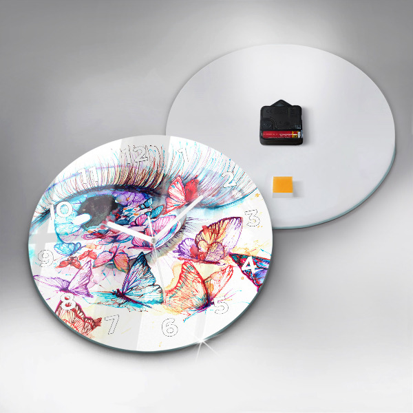 Ceas rotund de perete din sticlă Ochi de fluture colorat