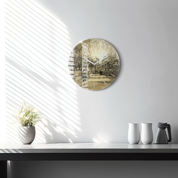 Ceas rotund de perete din sticlă Parc și copaci în sepia