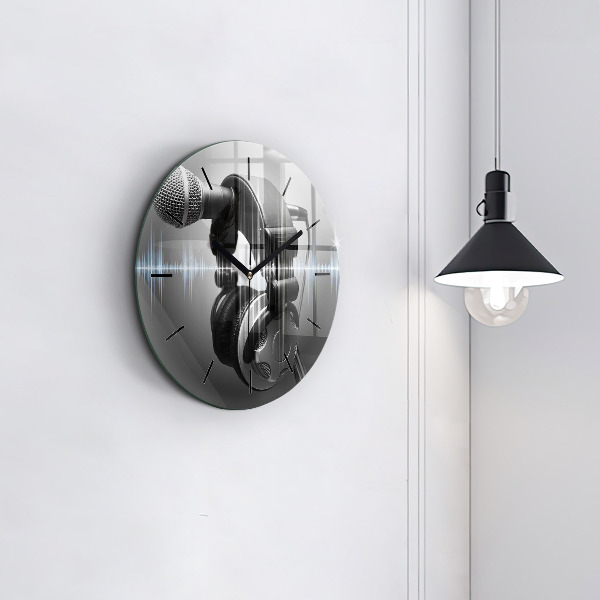Ceas rotund de perete din sticlă Microfon și căști
