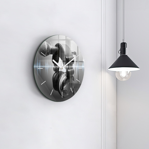 Ceas rotund de perete din sticlă Microfon și căști