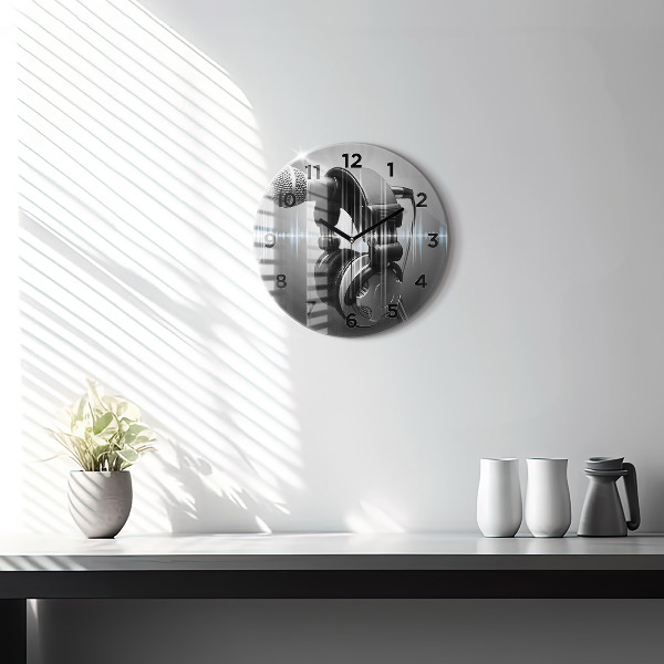 Ceas rotund de perete din sticlă Microfon și căști