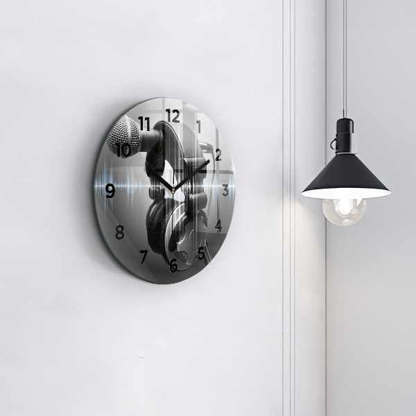 Ceas rotund de perete din sticlă Microfon și căști