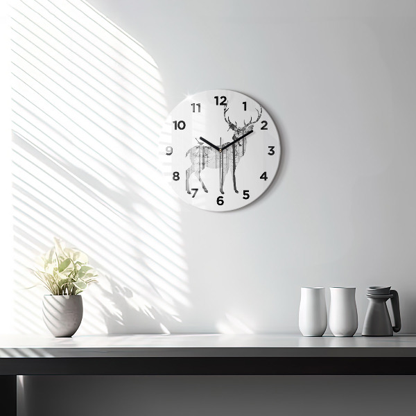 Ceas rotund de perete din sticlă Siluetă a unui cerb de pădure