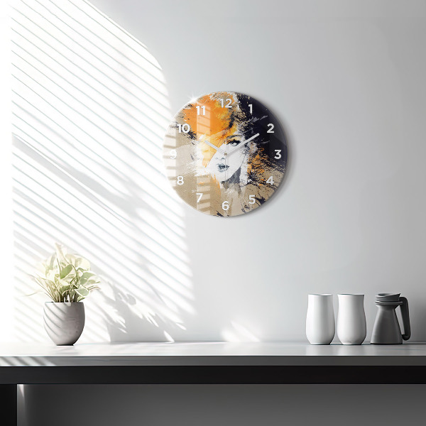 Ceas rotund de perete din sticlă Portret de femeie abstract