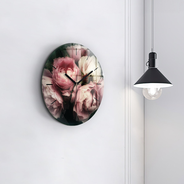 Ceas rotund de perete din sticlă Buchet de trandafiri roz