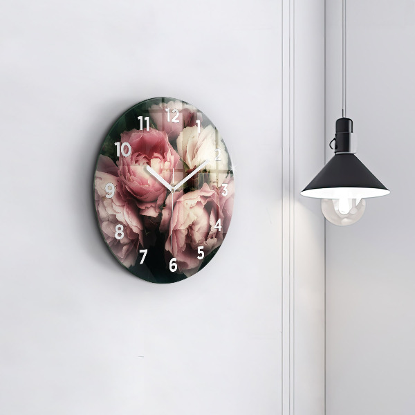 Ceas rotund de perete din sticlă Buchet de trandafiri roz