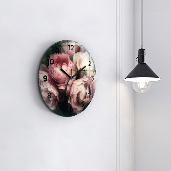 Ceas rotund de perete din sticlă Buchet de trandafiri roz