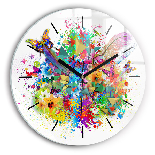 Ceas rotund de perete din sticlă Armonie florală cu fluturi