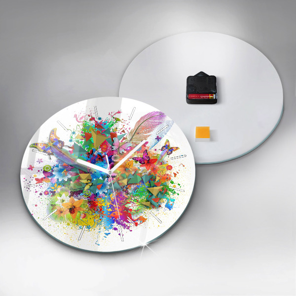 Ceas rotund de perete din sticlă Armonie florală cu fluturi