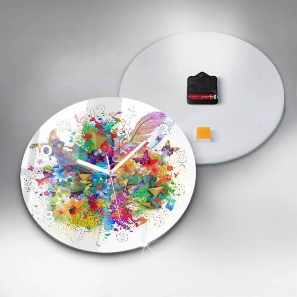 Ceas rotund de perete din sticlă Armonie florală cu fluturi