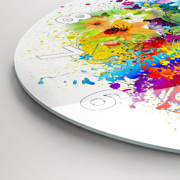 Ceas rotund de perete din sticlă Armonie florală cu fluturi